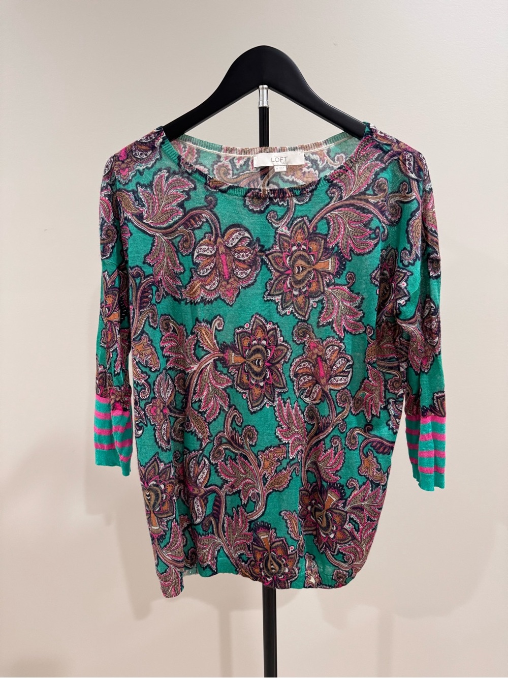LOFT Teal Paisley Knit Top with Pink Accents